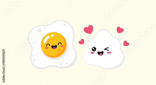 Two cute cartoon fried egg characters with happy faces and pink hearts expressing love and friendship in a sweet food illustration style.