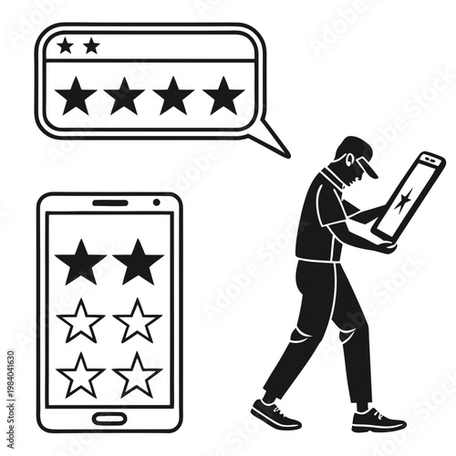 A vector graphic illustration of a man rating on his phone with stars