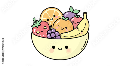 Cartoon fruit bowl with smiling faces.