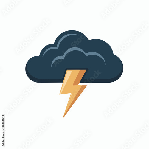 A bright yellow lightning bolt strikes from a dark ominous storm cloud in the sky on a gloomy day with heavy rain.