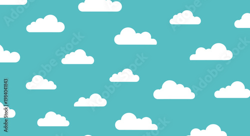 Seamless pattern of white fluffy clouds of various shapes scattered across a light blue background representing a clear sunny day sky.