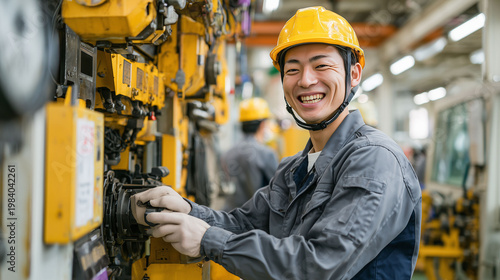 清潔な工場内で機械設備を丁寧に点検する若い日本人男性スタッフのメンテナンス業務風景