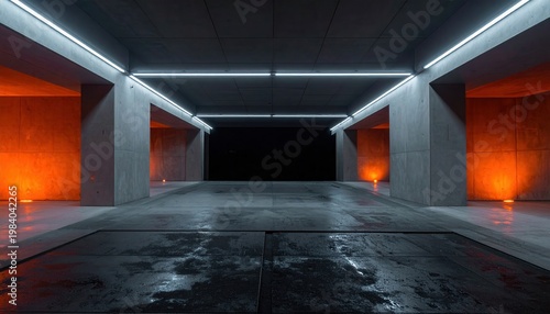 푸른색 LED 조명과 강렬한 주황색 스포트라이트가 대조를 이루며 신비로운 분위기를 자아내는 어둡고 미래적인 콘크리트 터널 또는 통로의 빈 공간