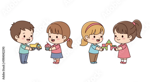 Four children playing with blocks together.