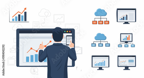 Photos Businessman presenting data on large screen with graphs and charts in modern off