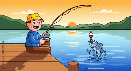 A cartoon character angler fisherman catching fish in a lake outdoor recreational hobby activity.