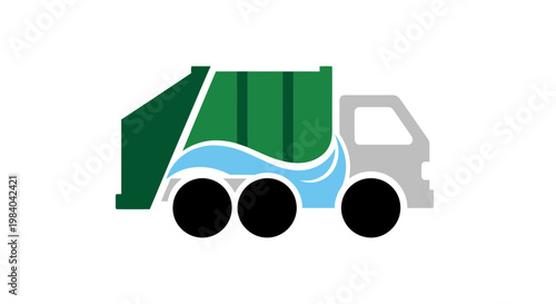 Green garbage truck side view.