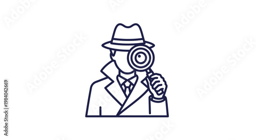 Man in hat with magnifying glass.