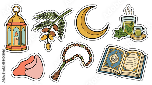 Collection of Islamic religious and cultural symbols including a lantern, dates, crescent moon, tea, prayer beads, and Quran.