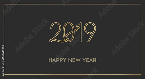 Elegant 2019 Happy New Year Greeting Card with Golden Outline on Dark Background
