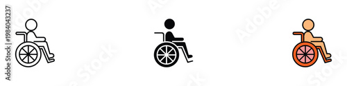 Wheelchair accessibility icon set with person sitting in manual chair. Minimalist collection of medical mobility and disabled transport symbols. Vector Illustration.