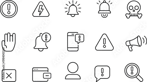 Set of Black Outline Icons for Alerts Notifications and Warnings exclamation mark circle warning triangle lightning