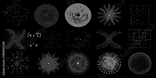 Abstract geometric patterns and mathematical equations on a black background