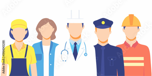 Diverse group of professionals in a flat vector illustration style