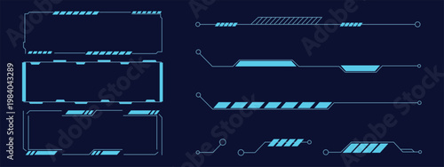 Futuristic HUD lower third and frame border element set with blue digital interface. High tech sci-fi callout bars and information display boxes for gaming or broadcast. Vector Illustration.