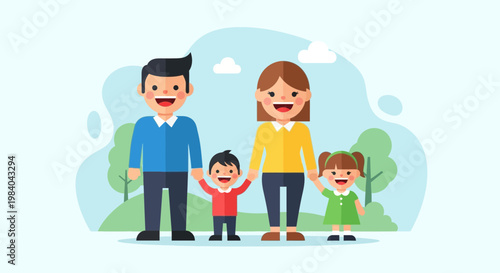 Happy Family Standing Together Outdoors, Parents and Two Children Holding Hands
