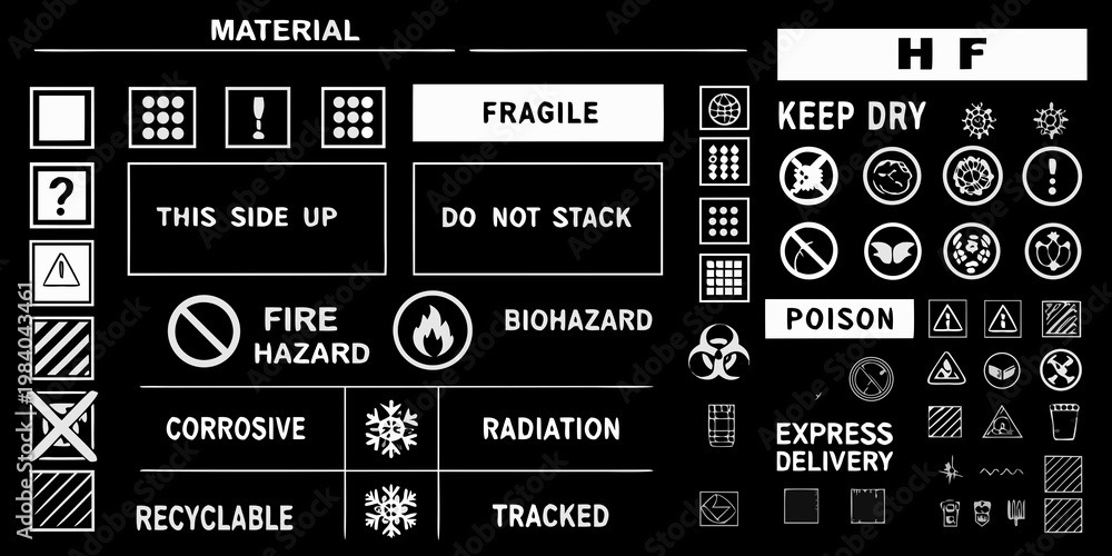 Fototapeta premium Collection of various shipping and hazard warning symbols on a black background