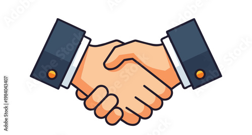 Vector illustration of two business hands in a firm handshake against a white background. Featuring dark blue suit sleeves and golden cufflinks