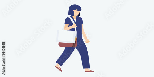 A young woman with dark hair walks while carrying a large shoulder bag