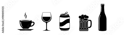 Beverage Icons Set - Coffee, Wine, Beer, Soda Drinks