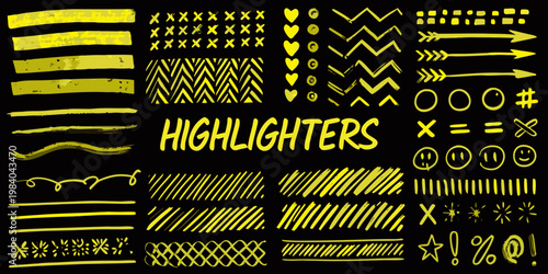 A collection of hand drawn yellow highlighter shapes and doodles on black