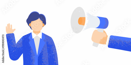 A faceless businesswoman announces with a megaphone raising her hand