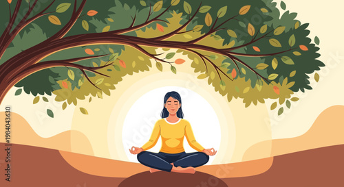 Woman Meditating Under Tree at Sunrise: Serenity, Yoga, Nature, Mindfulness, Wellness