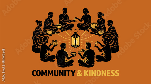 A diverse group of people sitting in a circle around a glowing lantern, symbolizing community, sharing, and kindness.