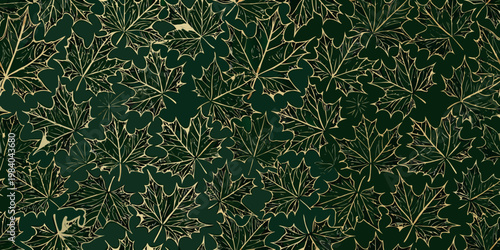 Intricate golden cannabis leaves pattern against a dark green background