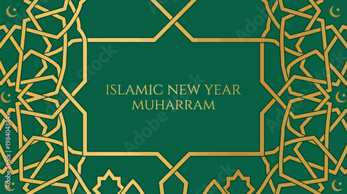 A vibrant green background with intricate golden Islamic geometric patterns and a central frame announcing 'Islamic New Year Muharram'.