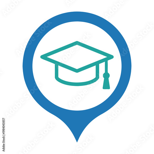 Graduation Cap Icon Inside a Blue Map Pointer Symbol Representing Educational Institution Location