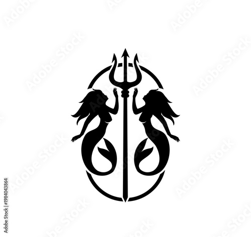 Mythical Twin Mermaids and Trident Logo Silhouette Design
