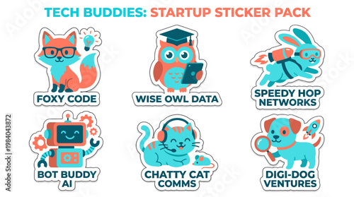 A collection of six "Tech Buddies" startup sticker designs featuring anthropomorphic animals and robots representing different tech fields.
