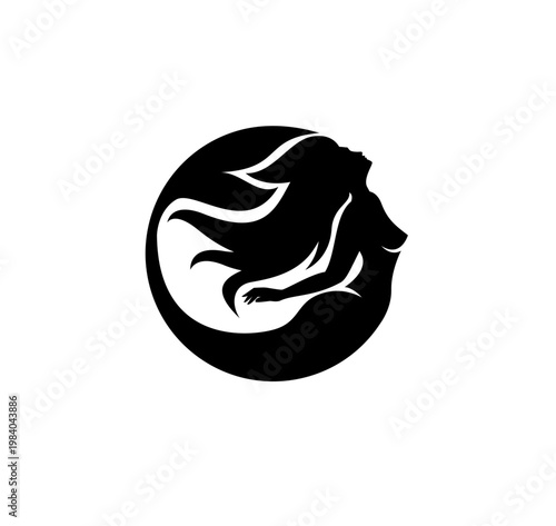 Elegant Mermaid Silhouette with Flowing Hair in Circular Frame