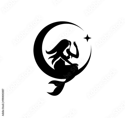 Mermaid Silhouette Sitting on Crescent Moon with Star Logo Design