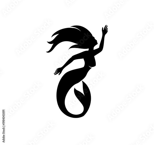Black Silhouette Mermaid Reaching Upwards with Flowing Hair and Elegant Pose