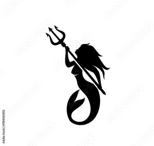 Powerful Mermaid Silhouette Holding a Trident Vector Illustration