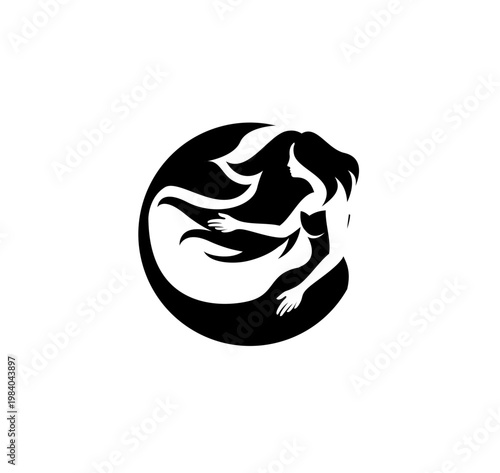 Elegant Mermaid Silhouette Logo Icon in Circular Black and White Design