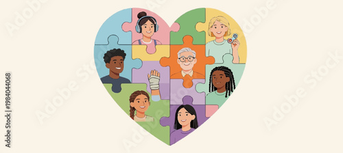 Vector illustration of colorful puzzle pieces forming a heart, diverse people, autism awareness theme, soft colors, inclusive design, modern flat style 2