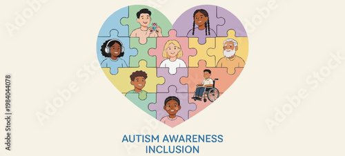 Vector illustration of colorful puzzle pieces forming a heart, diverse people, autism awareness theme, soft colors, inclusive design, modern flat style 3