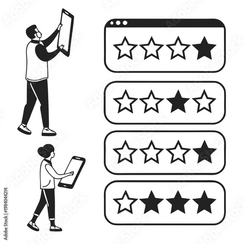 A vector graphic illustration of people rating and reviewing with star icons