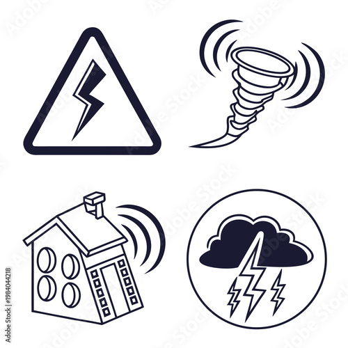 A set of four weather warning icons depicting stormy conditions with lightning and a tornado