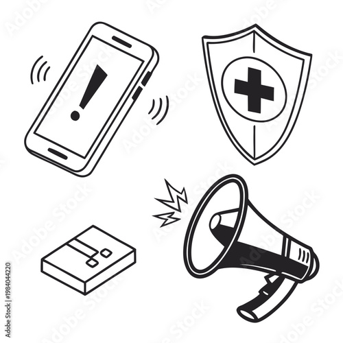 A vector graphic illustration of medical alert icons and symbols for emergency notification