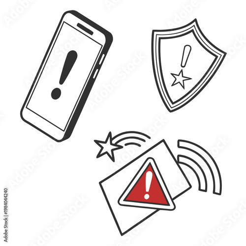 A vector graphic illustration of warning signs and symbols for security and alertness