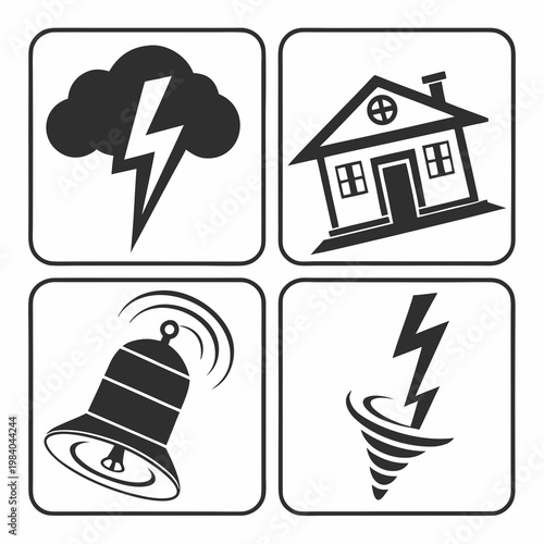 A set of four black and white vector icons depicting severe weather warnings and alerts