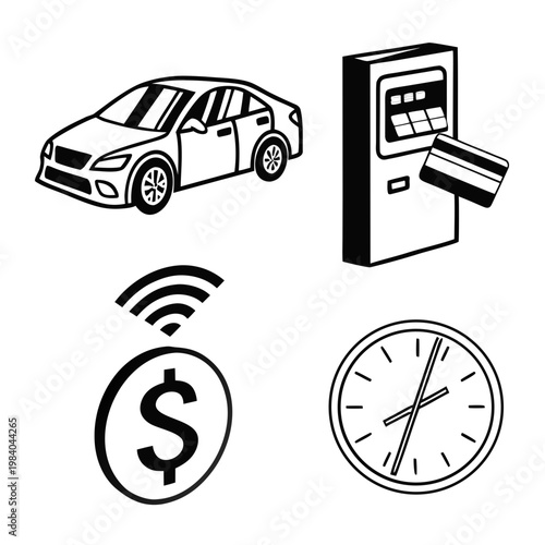 A set of four black and white vector icons depicting a car, payment terminal, wireless signal, and clock with a dollar sign