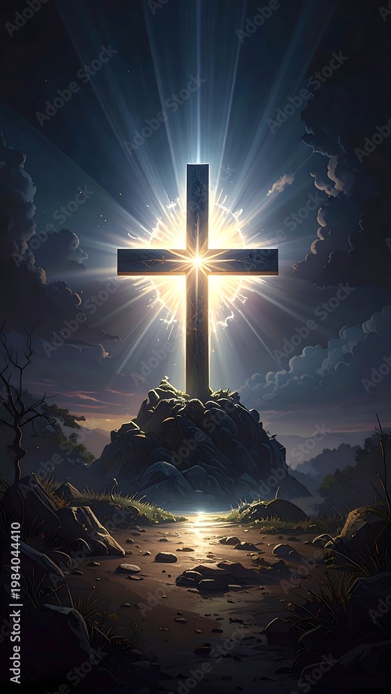 Fototapeta premium A glowing cross on a rocky hill with radiant beams