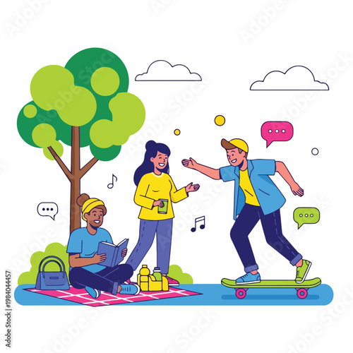 Man riding skateboard in park with friends.