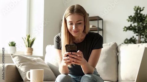 Young woman using smartphone on sofa in bright living room