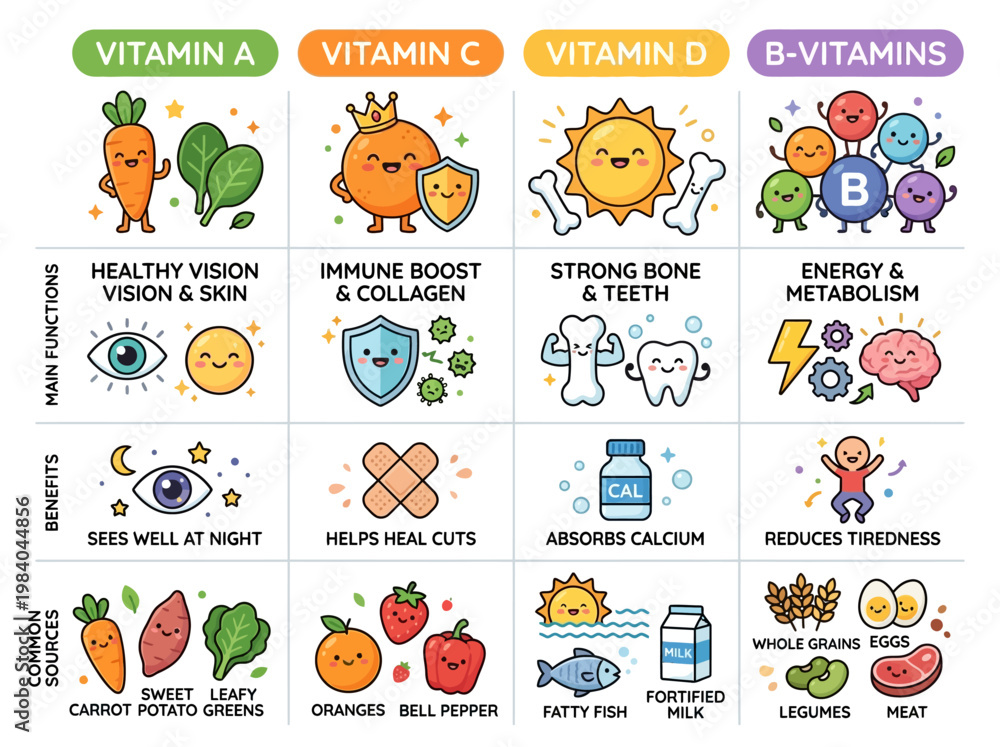Fototapeta premium Discover Essential Vitamins: An Engaging Infographic with Cute Cartoon Icons Detailing Health Benefits and Food Sources for Well-being Education